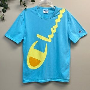 Champion T-Shirt Adult Small Spell Out Front Back Logo Blue Yellow Mens Unisex